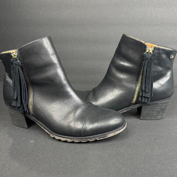Pikolino Womens size 40 9 9.5 Andorra Black Leather Tassel Ankle Boots Side Zip - Picture 2 of 11